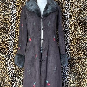 Sue Wong Dark Coat with Floral Accents and Faux Fur